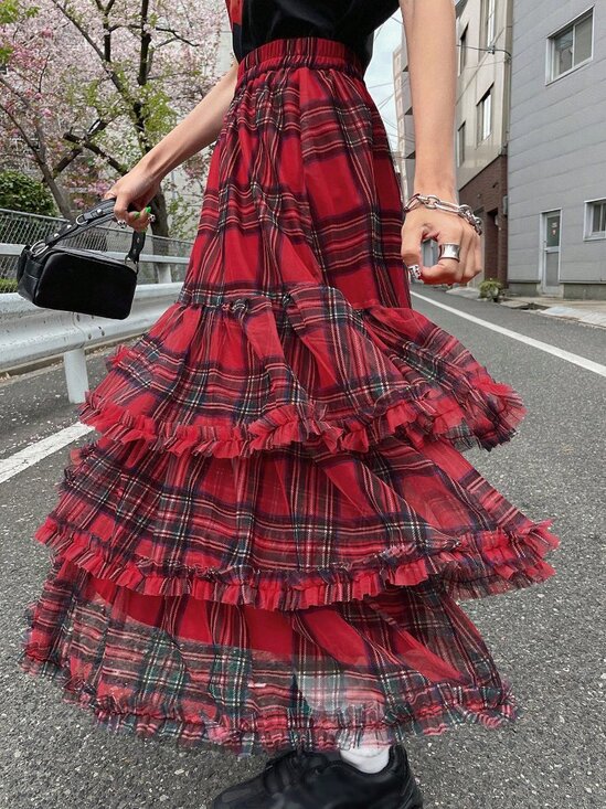 Red Casual Women's Christmas Plaid Ruffle Mesh High Waist Skirt - Picture 1 of 6